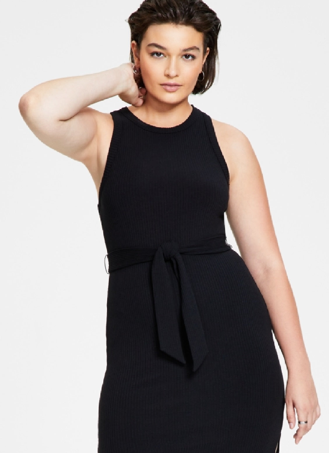 Vestido midi de malha canelada Bar III feminino, preto, tamanho pequeno, extragrande