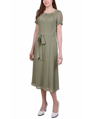 Vestido feminino NY Collection com manga curta e cinto, bolinhas suíças, verde, tamanho pequeno grande