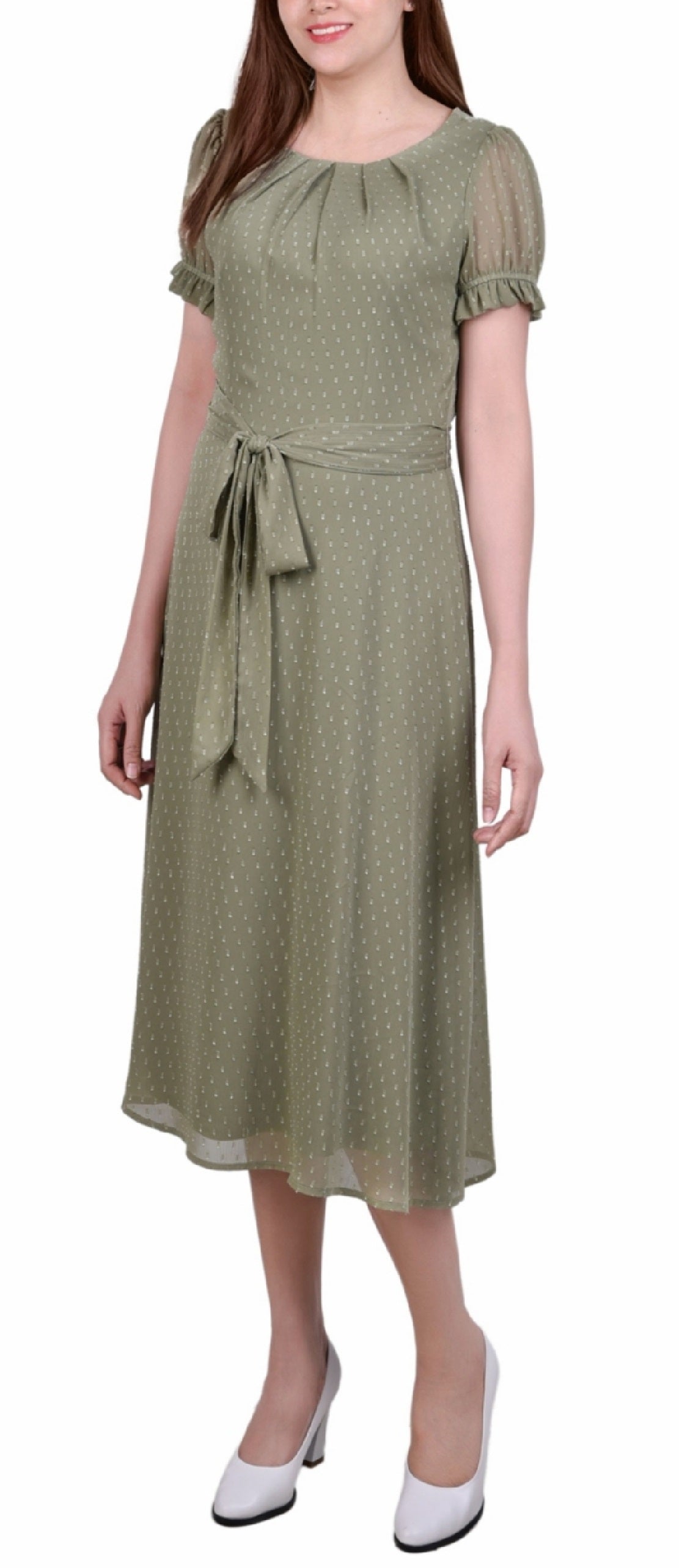 Vestido feminino NY Collection com manga curta e cinto, estampado com bolinhas suíças, tamanho pequeno, extragrande
