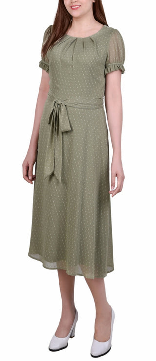 Vestido feminino NY Collection com manga curta e cinto, estampado com bolinhas suíças, tamanho pequeno, extragrande