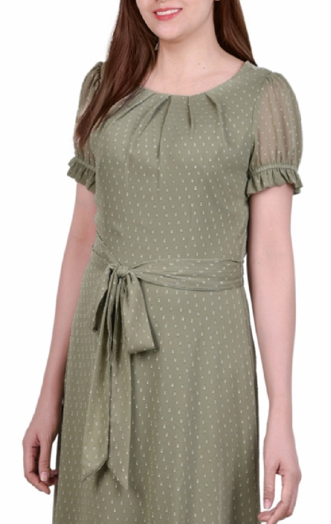 Vestido feminino NY Collection com manga curta e cinto, estampado com bolinhas suíças, tamanho pequeno, extragrande