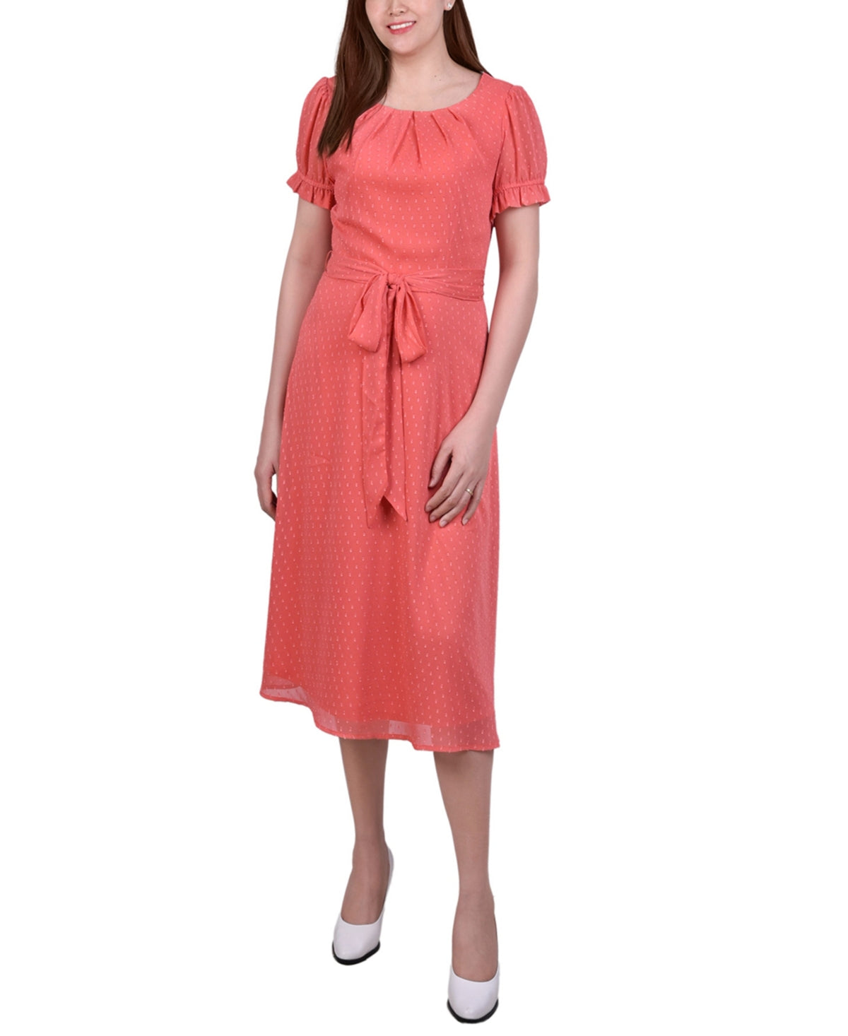 Vestido feminino NY Collection com manga curta e cinto e bolinhas suíças, laranja, tamanho pequeno G