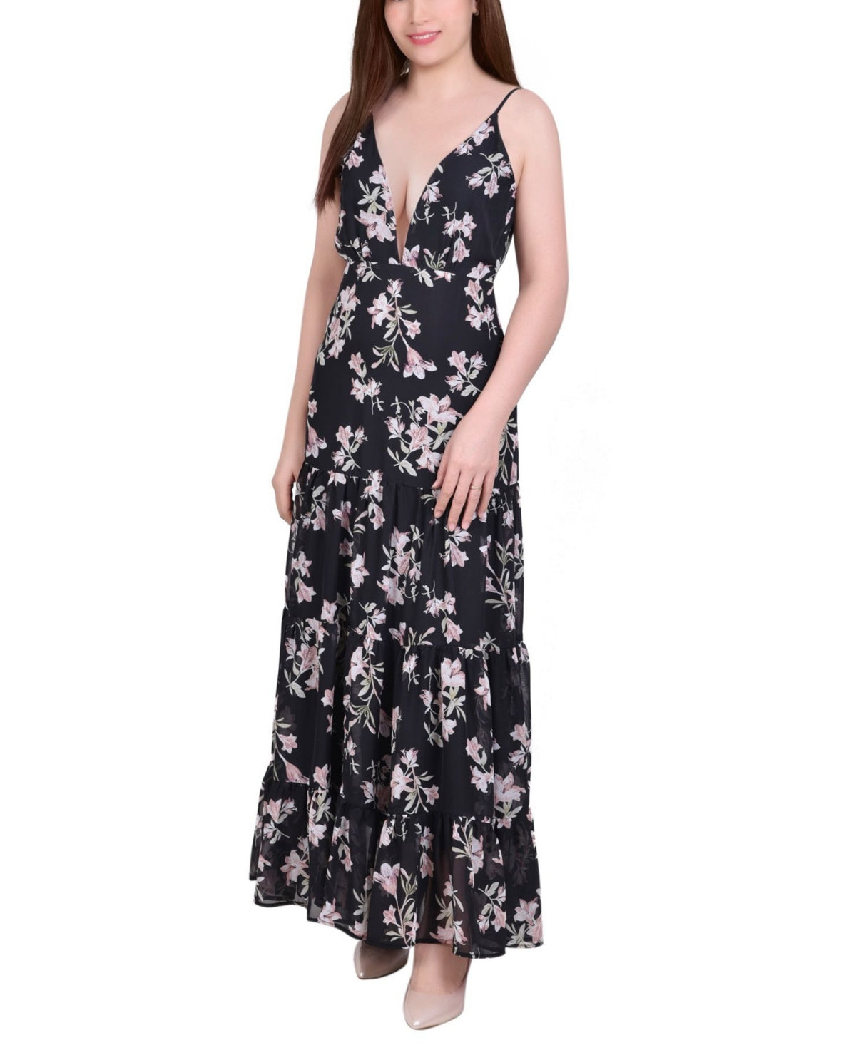 Vestido longo feminino NY Collection com alças finas e camadas, preto, tamanho grande