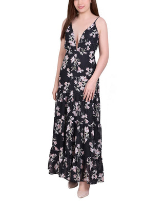 Vestido longo feminino NY Collection com alças finas e camadas, preto, tamanho grande