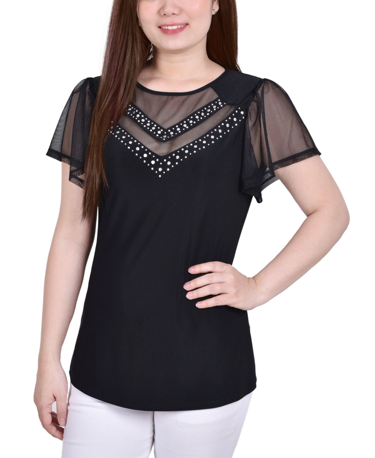 Top cravejado feminino NY Collection, preto, tamanho grande