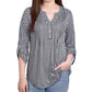 Blusa feminina NY Collection de malha jacquard com manga 3/4 e aba enrolada, tamanho pequeno e médio, preta