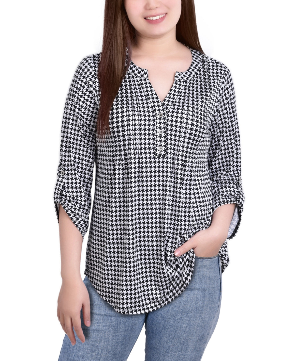 Blusa feminina NY Collection de malha jacquard com manga 3/4 e aba enrolada, tamanho pequeno e médio, preta