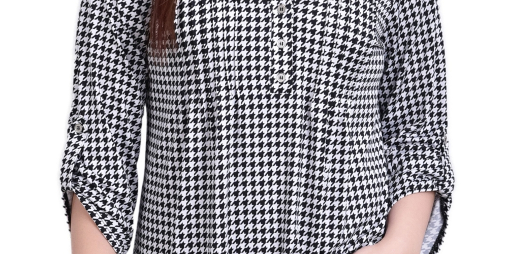 Blusa feminina NY Collection de malha jacquard com manga 3/4 e aba enrolada, tamanho pequeno e médio, preta