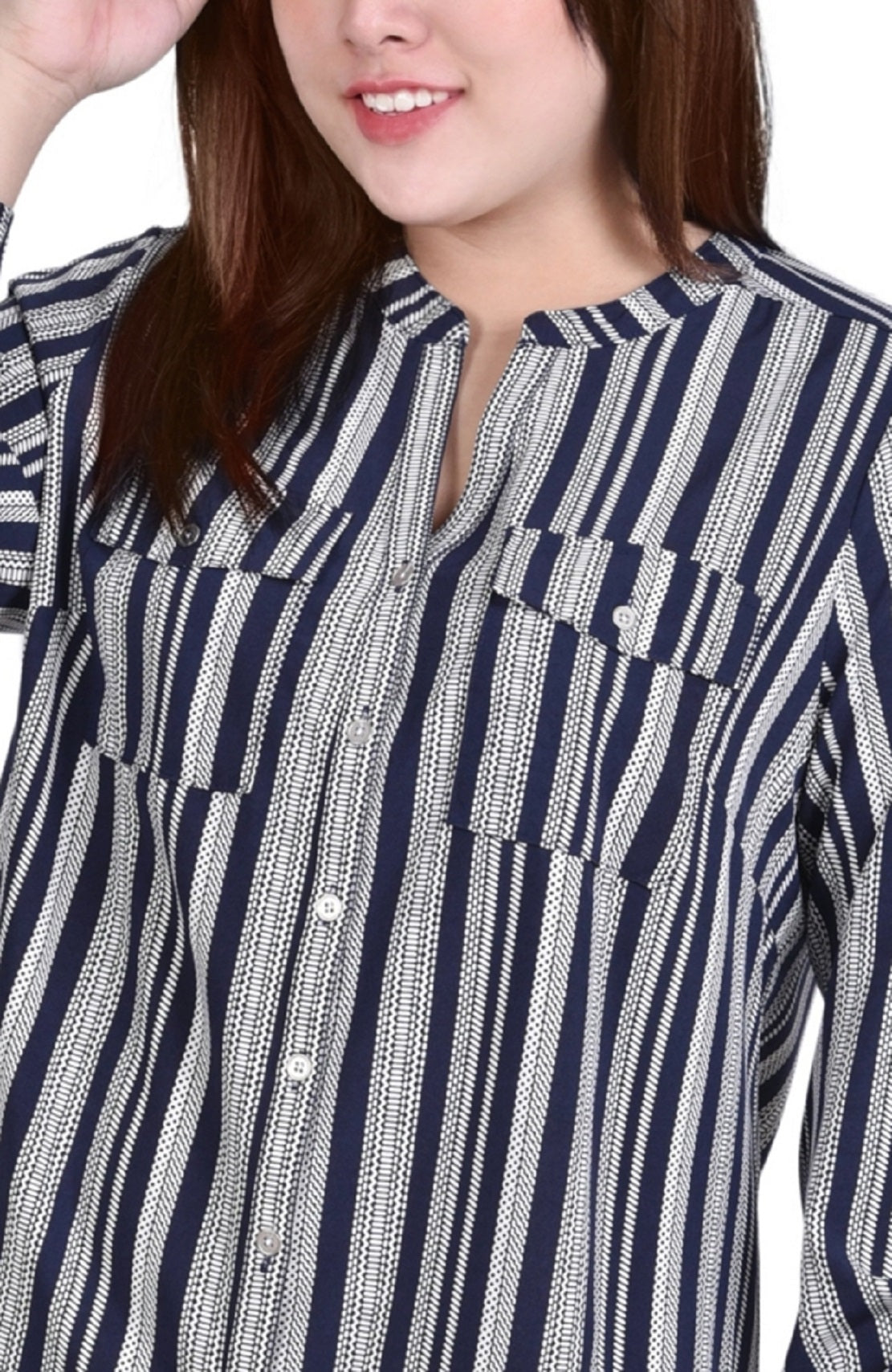 Blusa feminina NY Collection com manga 3/4 e decote em Y, azul, tamanho 2X