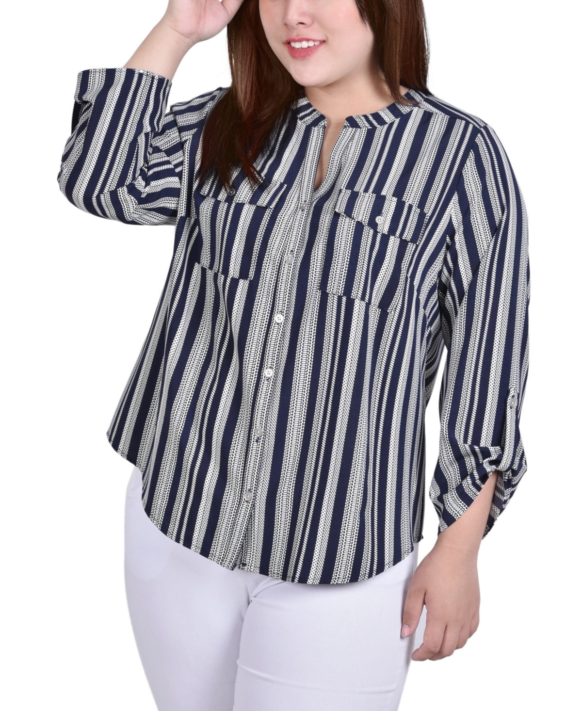 Blusa feminina NY Collection com manga 3/4 e decote em Y, azul, tamanho 2X