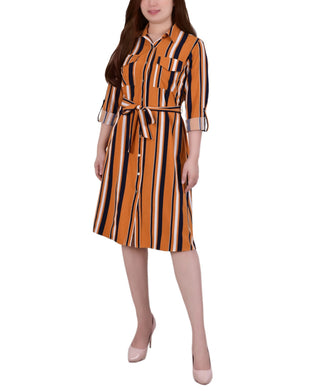 Vestido de camisa feminino NY Collection Roll Tab marrom tamanho pequeno médio