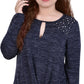 Blusa de malha com decote em V e manga comprida feminina NY Collection, azul, tamanho pequeno, médio
