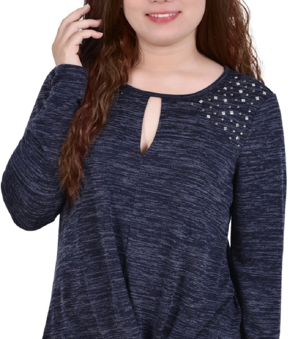 Blusa de malha com decote em V e manga comprida feminina NY Collection, azul, tamanho pequeno, médio