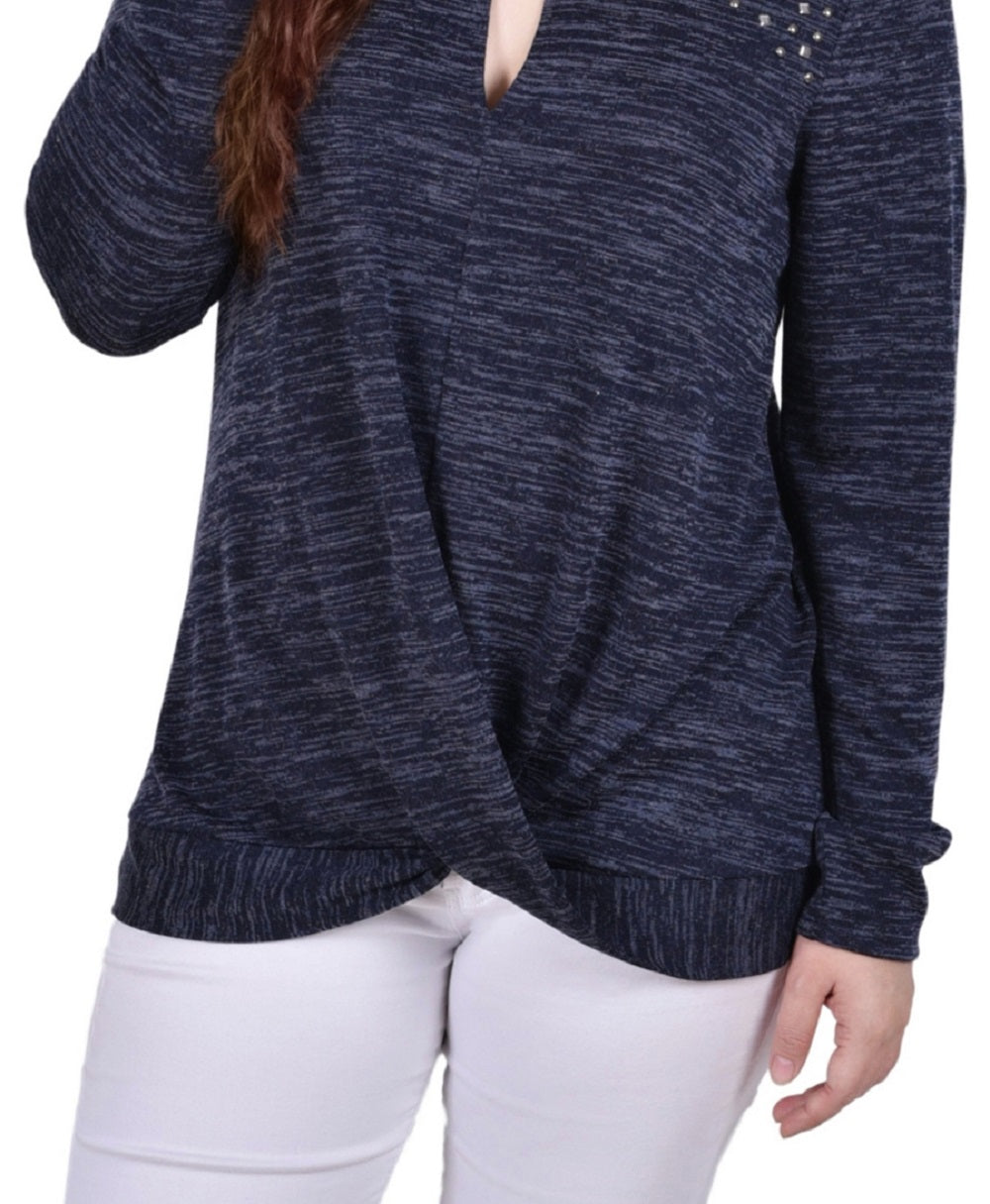 Blusa de malha com decote em V e manga comprida feminina NY Collection, azul, tamanho pequeno, médio