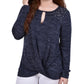 Blusa de malha com decote em V e manga comprida feminina NY Collection, azul, tamanho pequeno, médio