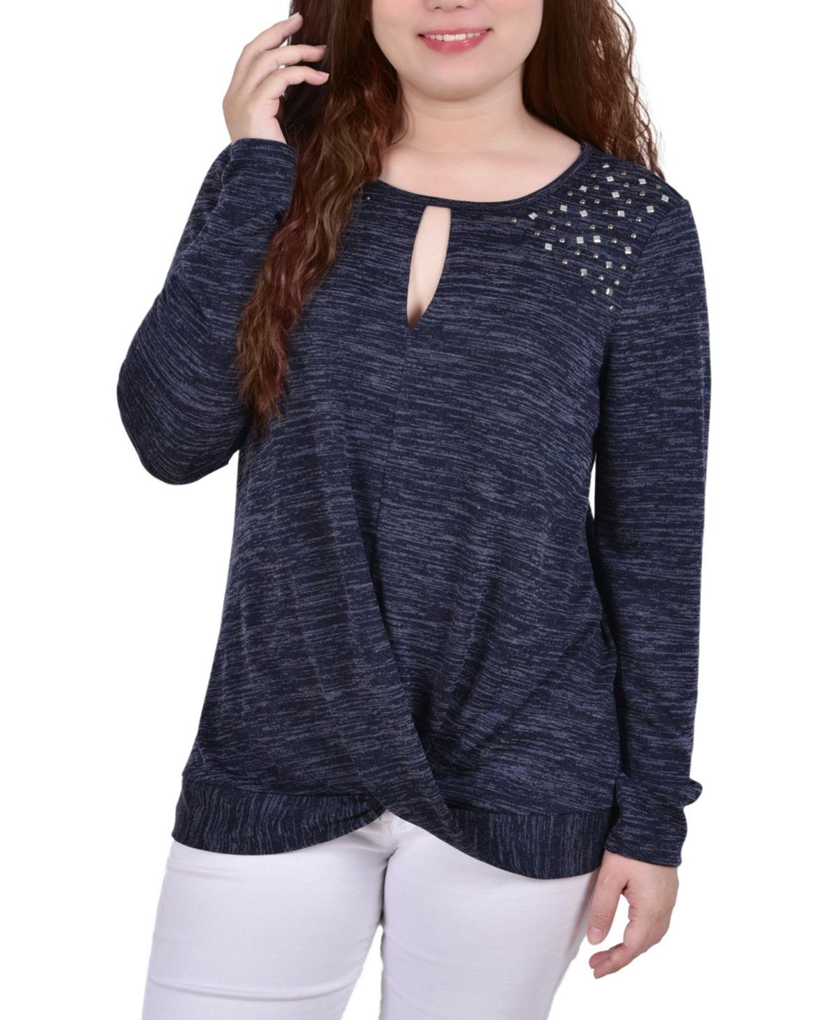 Blusa de malha com decote em V e manga comprida feminina NY Collection, azul, tamanho pequeno, médio
