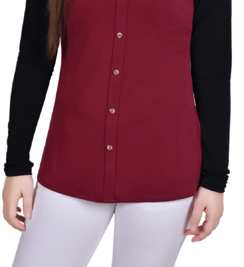 Blusa feminina NY Collection de manga comprida com tachas e decote dividido, tamanho pequeno, vermelho, tamanho extragrande