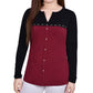 Blusa feminina NY Collection de manga comprida com tachas e decote dividido, tamanho pequeno, vermelho, tamanho extragrande