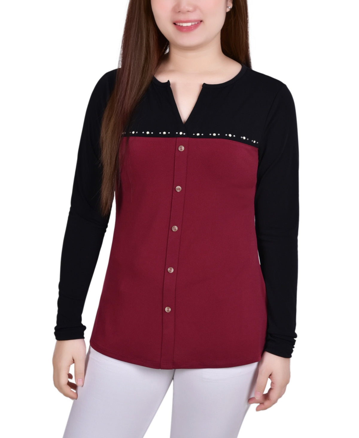 Blusa feminina NY Collection de manga comprida com tachas e decote dividido, tamanho pequeno, vermelho, tamanho extragrande