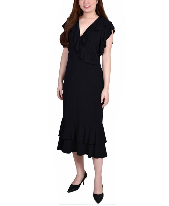 Vestido curto feminino NY Collection com mangas curtas e babados, gola alta, preto, tamanho grande