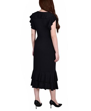 Vestido curto feminino NY Collection com mangas curtas e babados, gola alta, preto, tamanho grande