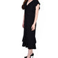 Vestido curto feminino NY Collection com mangas curtas e babados, gola alta, preto, tamanho grande