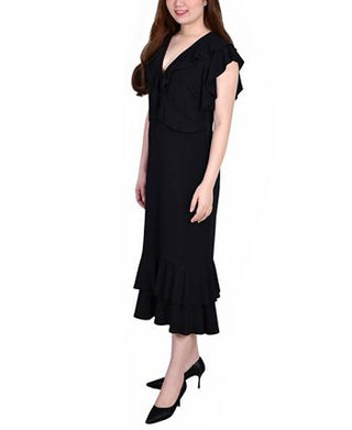 Vestido curto feminino NY Collection com mangas curtas e babados, gola alta, preto, tamanho grande