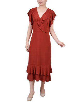 Vestido midi feminino NY Collection com mangas esvoaçantes e babados, tamanho pequeno e grande, vermelho