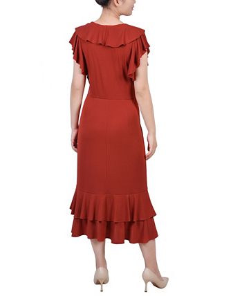 Vestido midi feminino NY Collection com mangas esvoaçantes e babados, tamanho pequeno e grande, vermelho