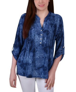 Blusa feminina NY Collection com manga 3/4 e decote em Y, azul, tamanho médio