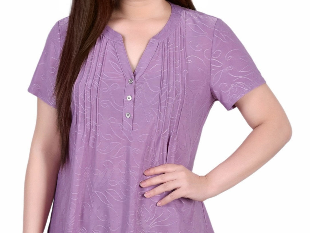 Blusa de malha jacquard feminina NY Collection, manga curta, gola Y, roxa, tamanho extragrande