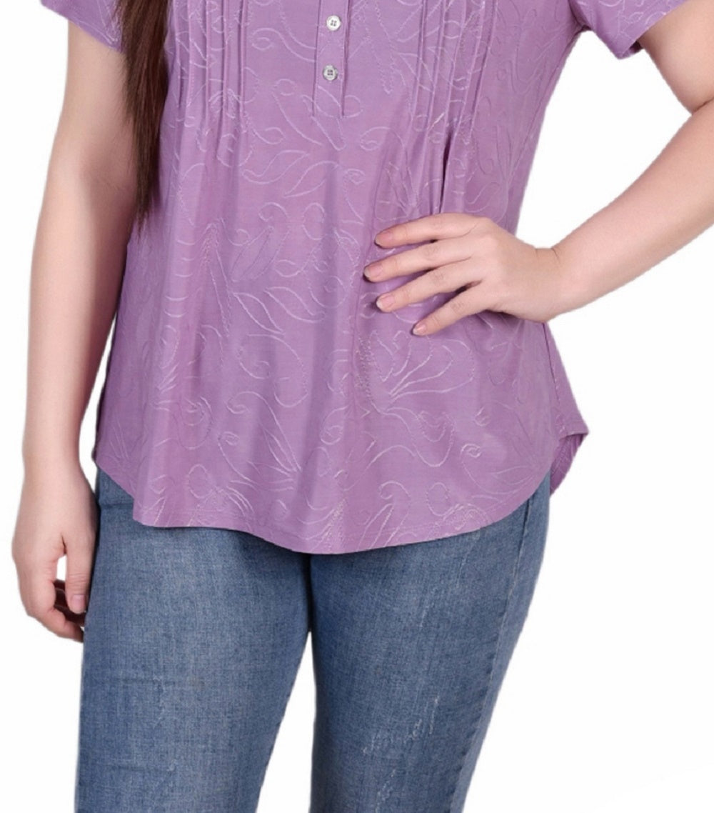 Blusa de malha jacquard feminina NY Collection, manga curta, gola Y, roxa, tamanho extragrande