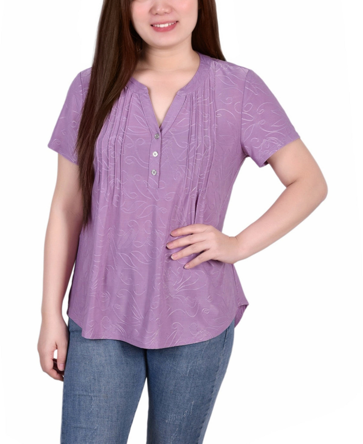 Blusa de malha jacquard feminina NY Collection, manga curta, gola Y, roxa, tamanho extragrande