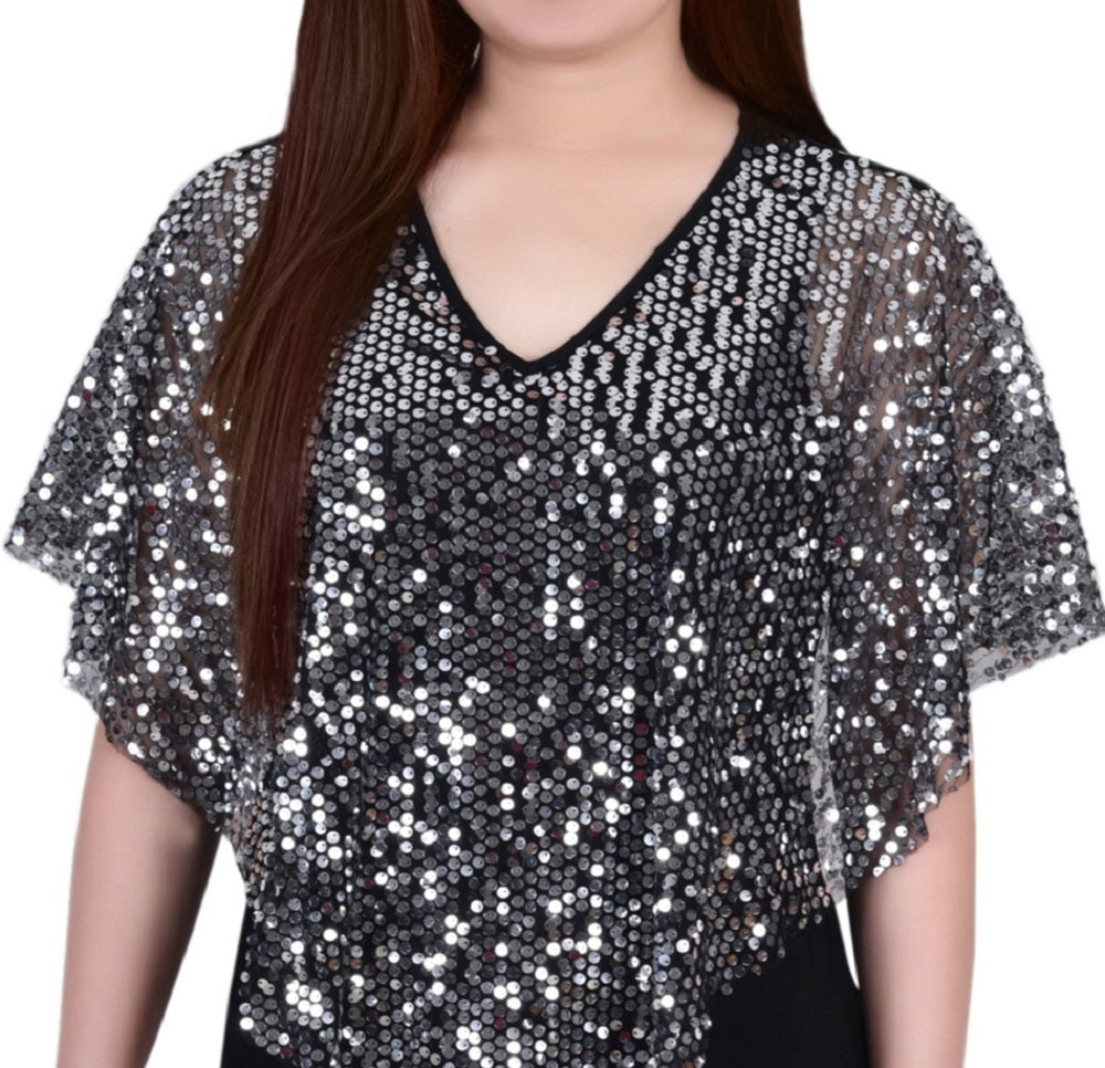 Top poncho feminino com lantejoulas frontais da NY Collection, cinza, tamanho pequeno, extragrande