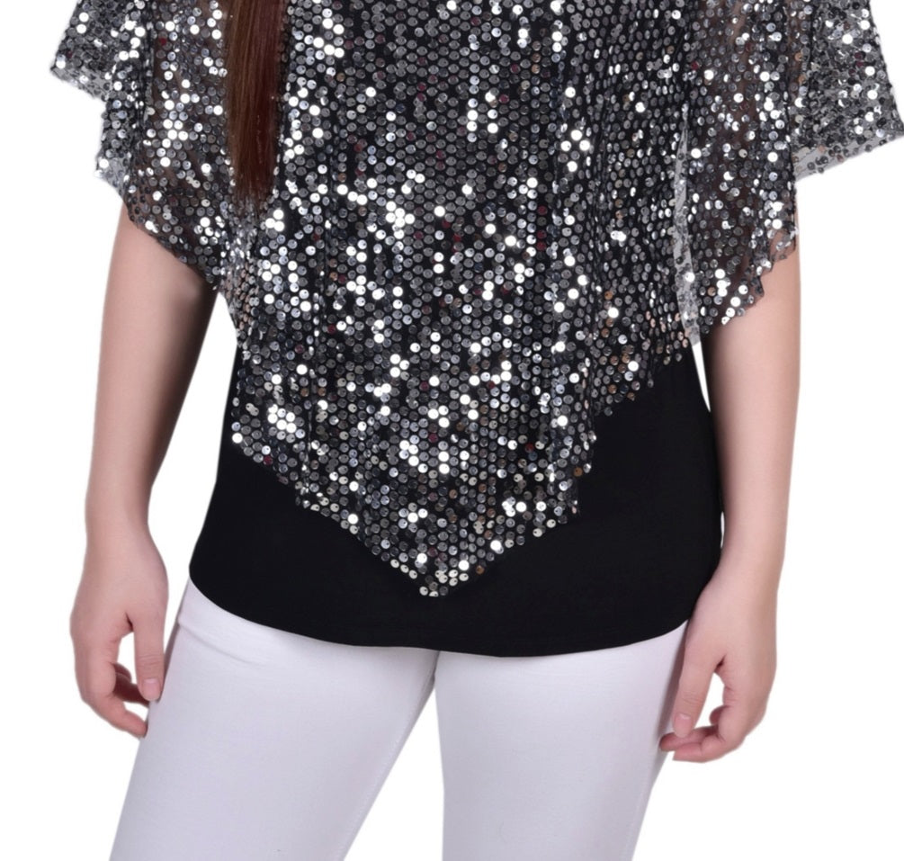 Top poncho feminino com lantejoulas frontais da NY Collection, cinza, tamanho pequeno, extragrande