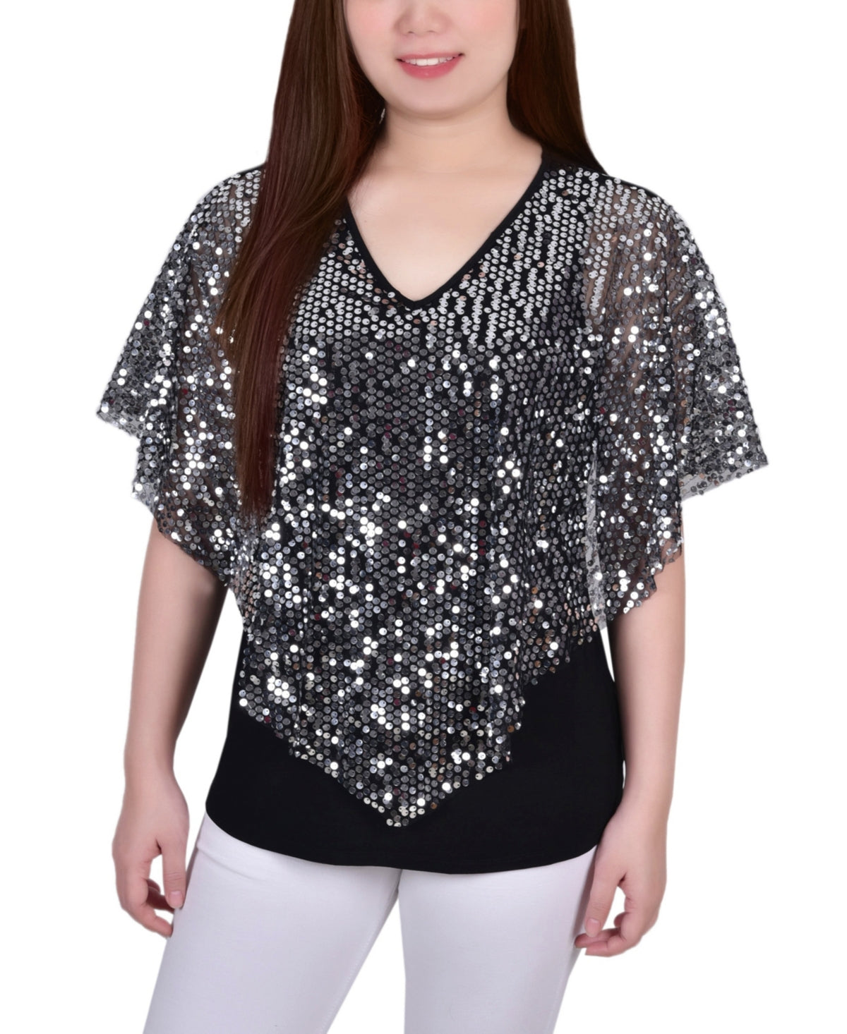 Top poncho feminino com lantejoulas frontais da NY Collection, cinza, tamanho pequeno, extragrande