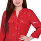 Blusa feminina NY Collection com aba dobrada e manga 3/4, vermelha, tamanho pequeno, extragrande