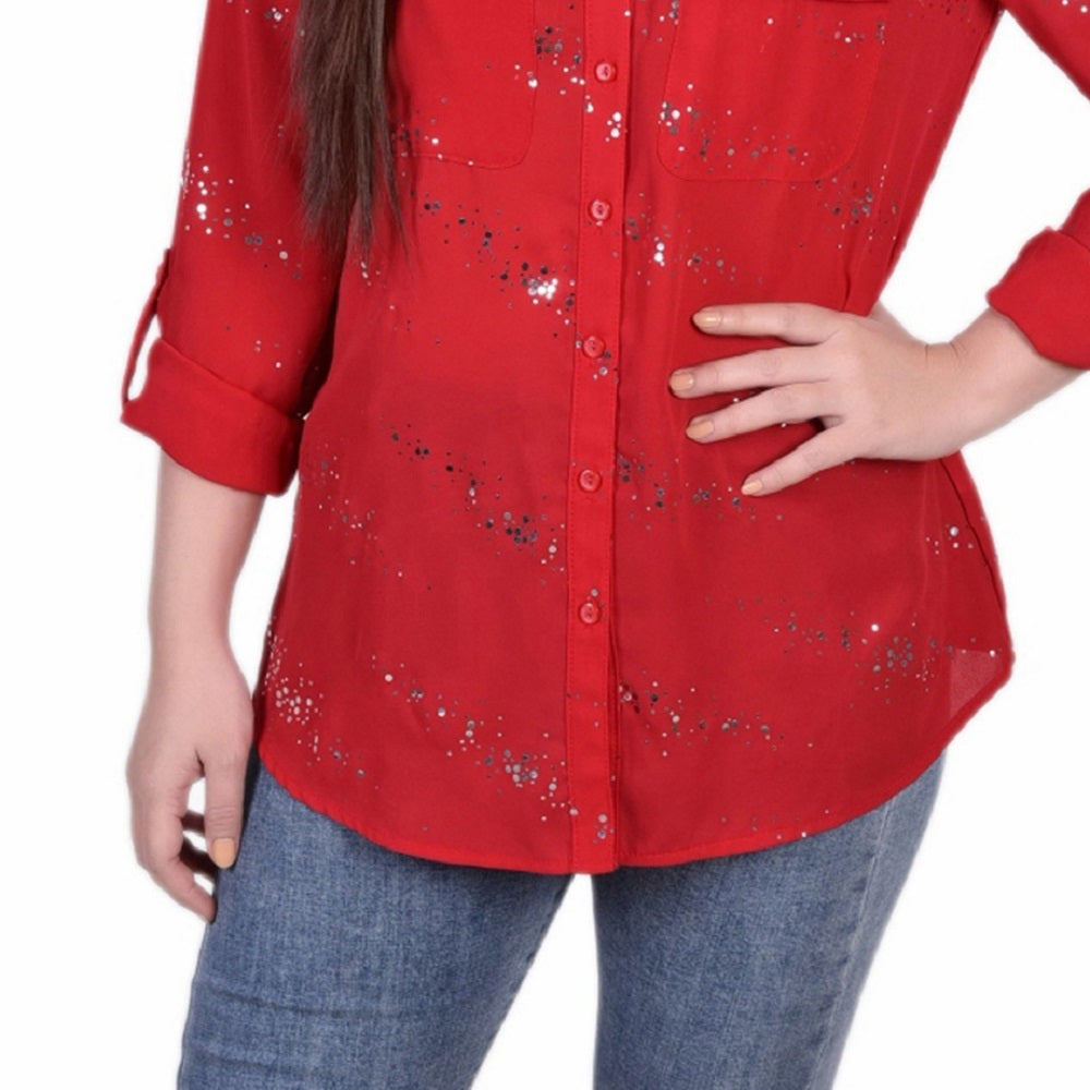 Blusa feminina NY Collection com aba dobrada e manga 3/4, vermelha, tamanho pequeno, extragrande