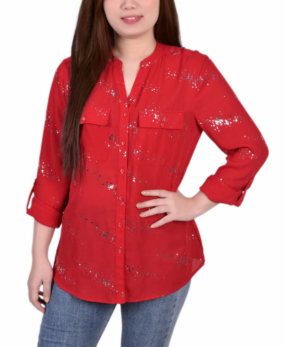 Blusa feminina NY Collection com aba dobrada e manga 3/4, vermelha, tamanho pequeno, extragrande