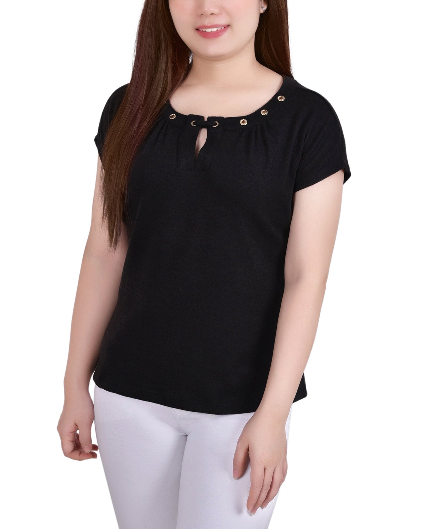 Blusa de malha feminina NY Collection com manga e gola grommet, preta, tamanho pequeno