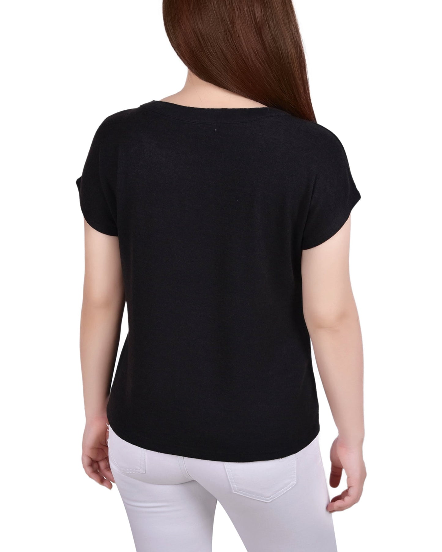 Blusa de malha feminina NY Collection com manga e gola grommet, preta, tamanho pequeno