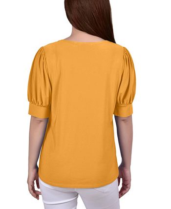 Blusa feminina manga curta balão NY Collection, amarela, tamanho médio
