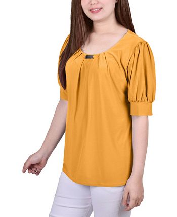 Blusa feminina manga curta balão NY Collection, amarela, tamanho médio