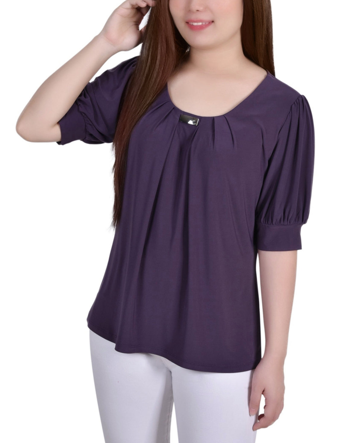 Blusa feminina manga curta balão NY Collection, roxa, tamanho pequeno grande
