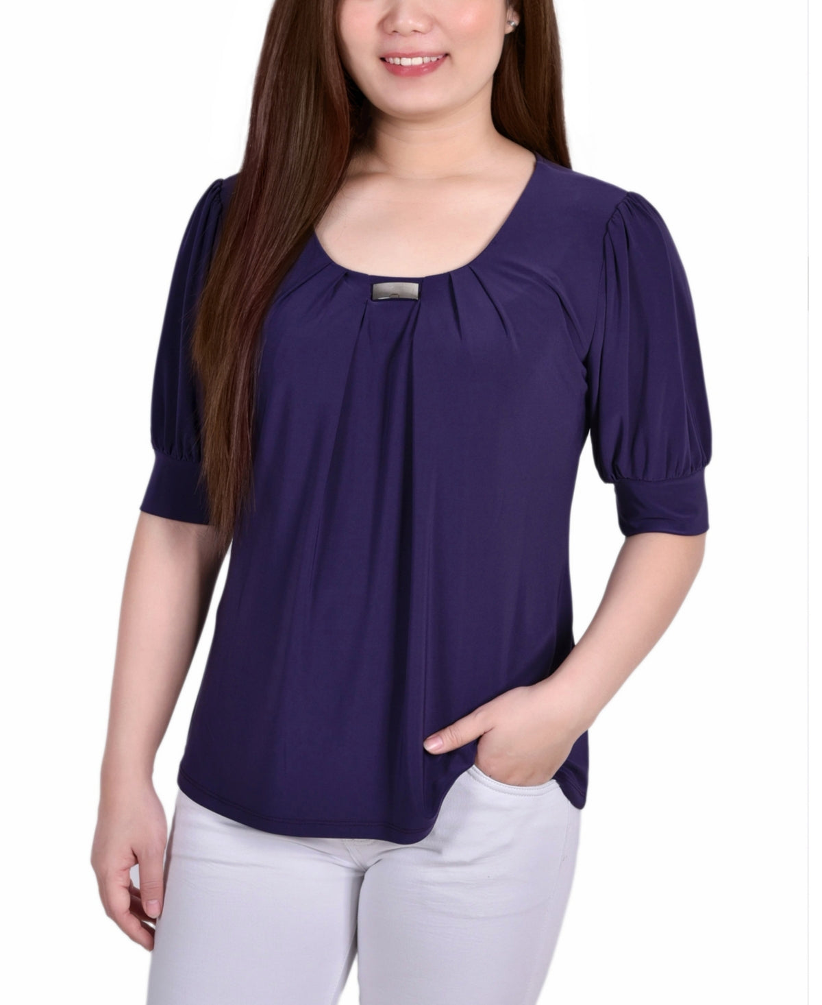 Blusa feminina manga curta balão NY Collection, roxa, tamanho pequeno médio