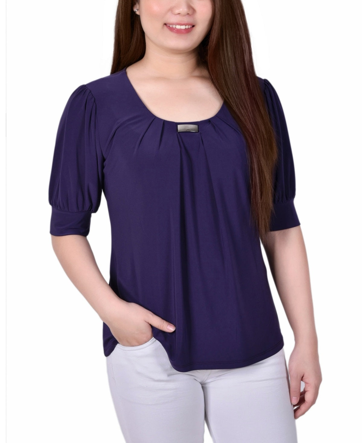 Blusa feminina manga curta balão NY Collection, roxa, tamanho pequeno médio