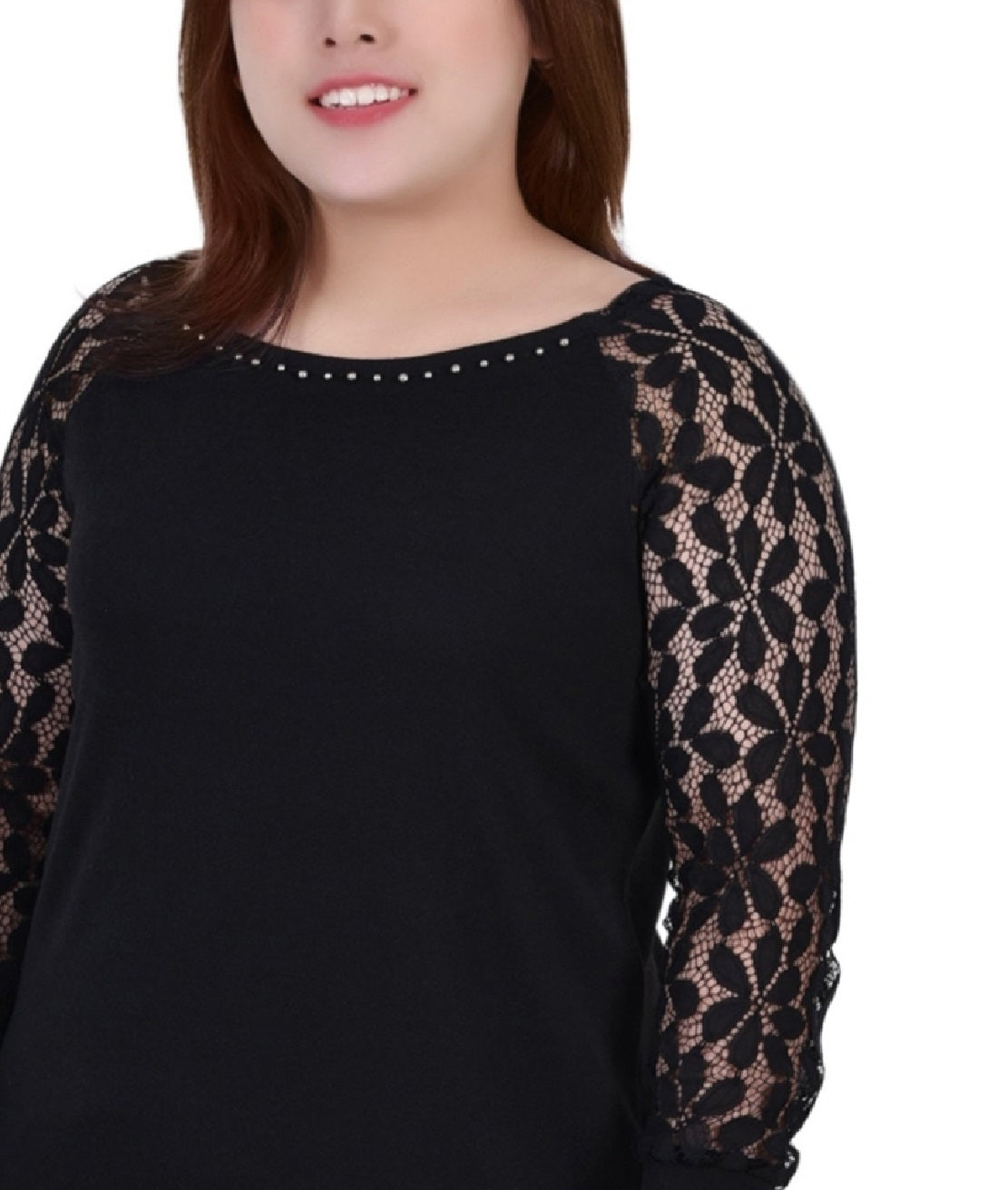 Blusa feminina plus size de renda longa, preta, tamanho 1X, coleção NY