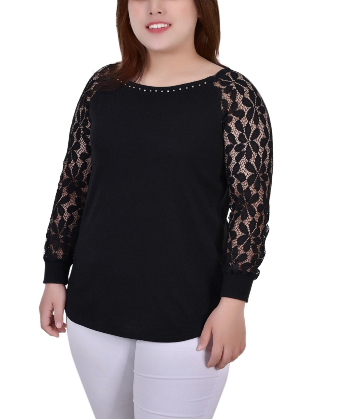 Blusa feminina plus size de renda longa, preta, tamanho 1X, coleção NY