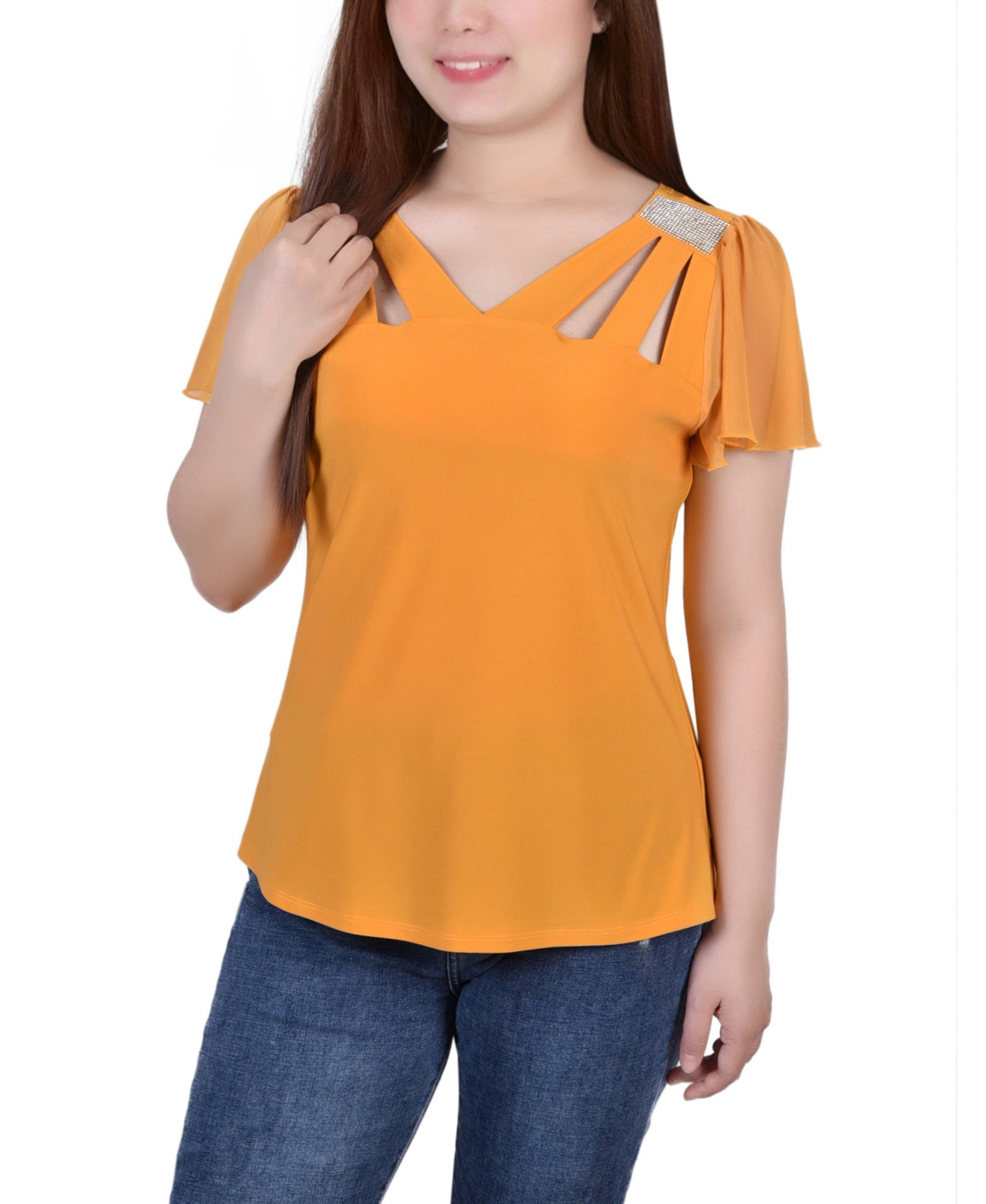 Blusa feminina manga curta esvoaçante NY Collection, amarela, tamanho pequeno