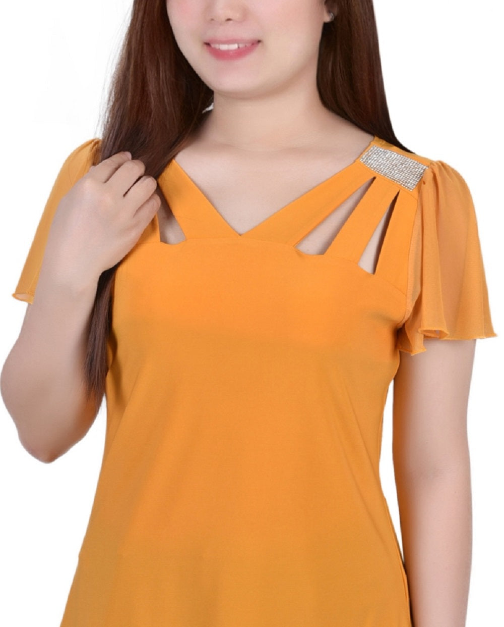 Blusa feminina manga curta esvoaçante NY Collection, amarela, tamanho pequeno